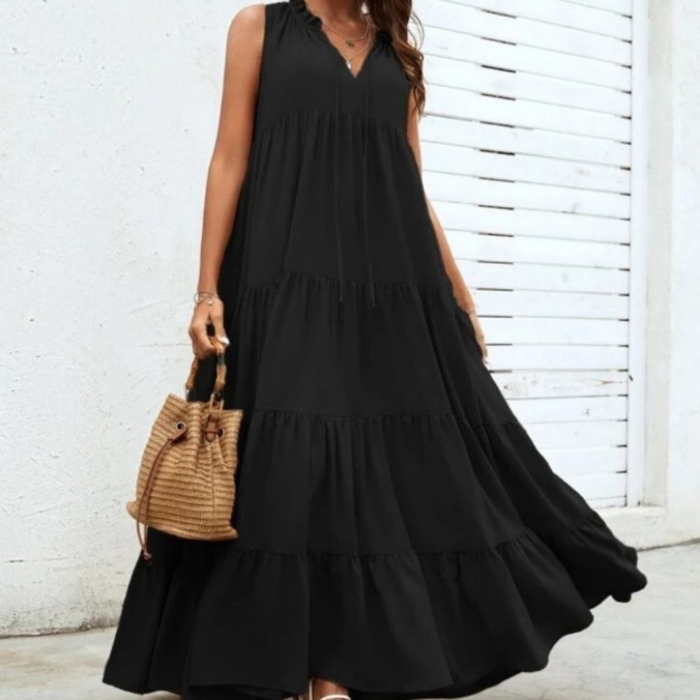 BLACK Comfy Casual  Frill Trim Ruffle Hem Smock Maxi Dress